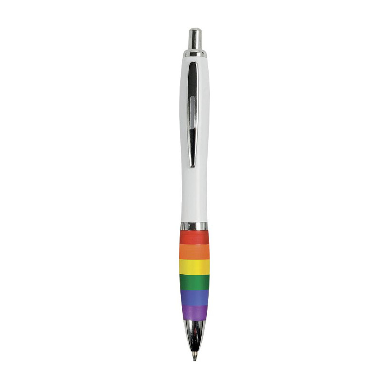 Bolígrafo de plástico ABS con cuerpo blanco, empuñadura de color arco iris y clip metálico