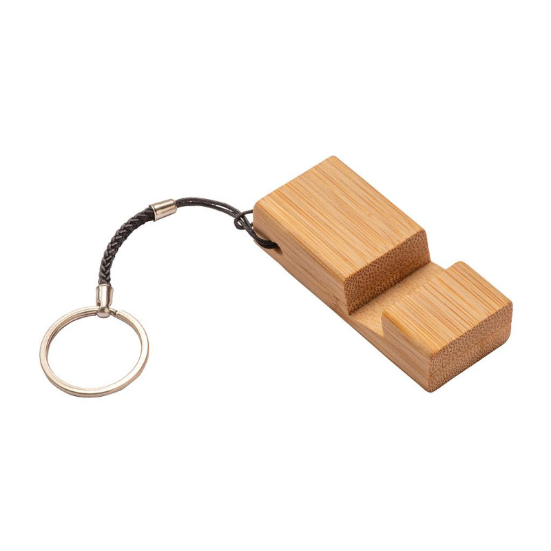 Llavero rectangular de bambú con soporte para móvil
