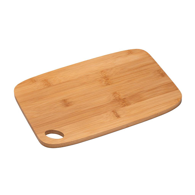 Tabla de cocina de bambú con esquinas redondeadas y agujero para colgar.