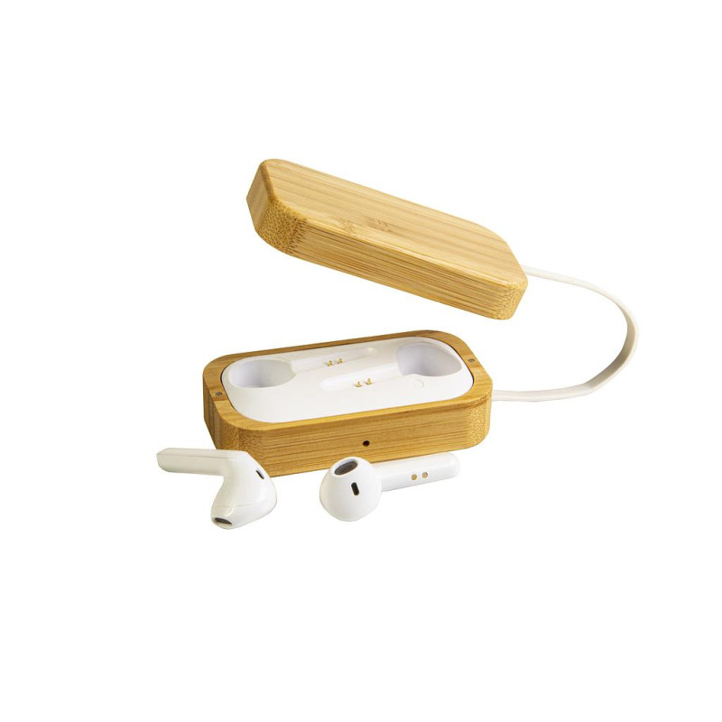 Auriculares Bluetooth con caja de carga de bambú y cable de carga micro USB incluidos.