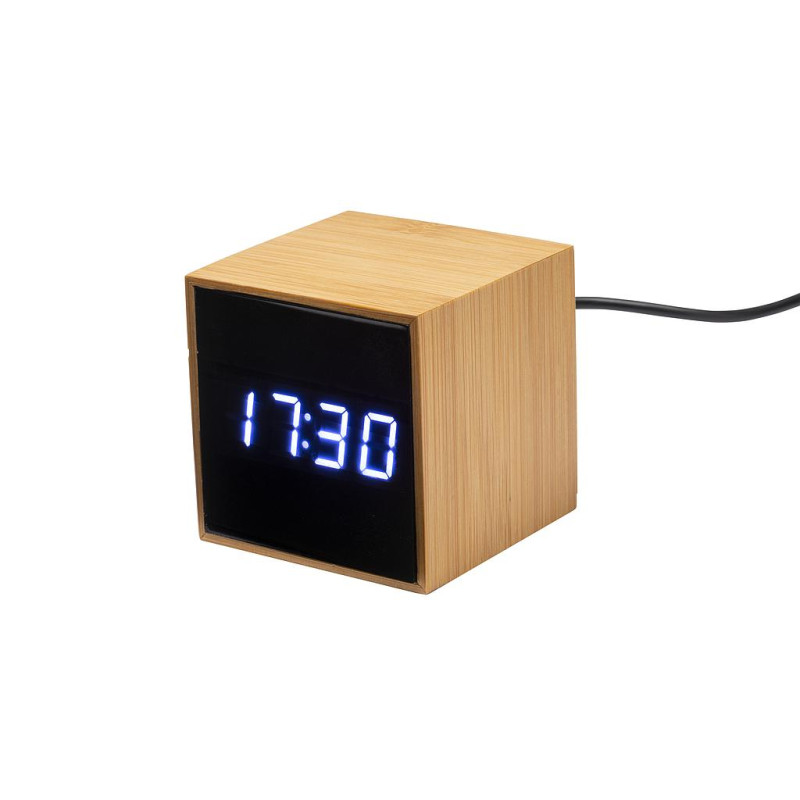 Reloj despertador con LEDs blancos e indicador de temperatura, fabricado en bambú