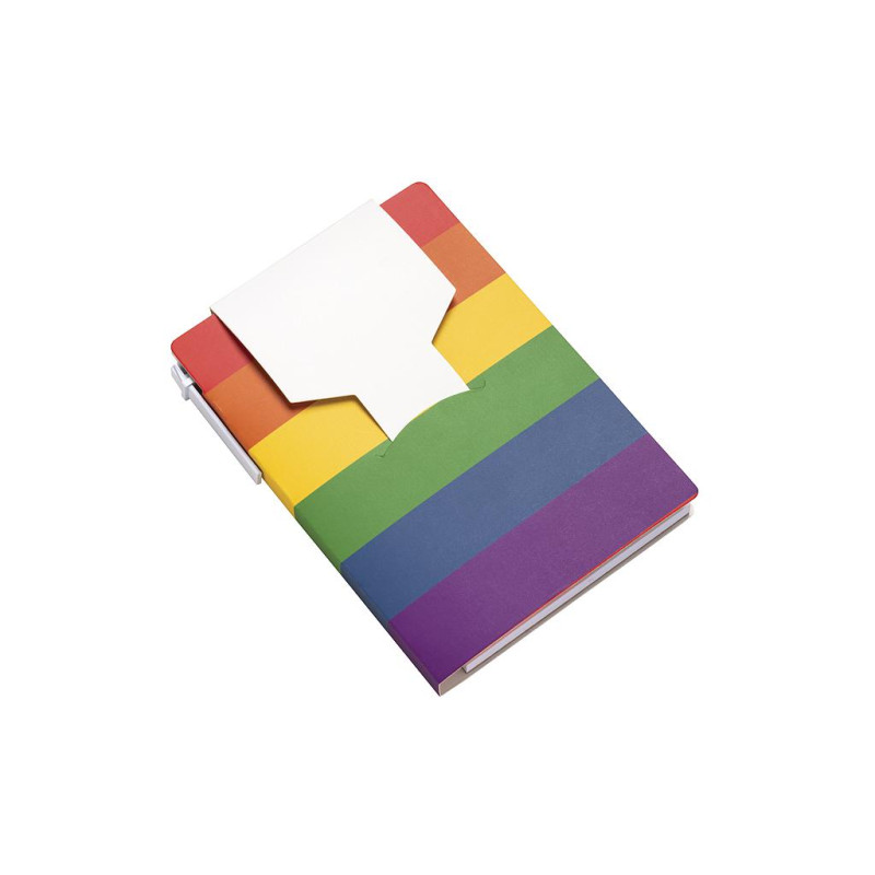 Bloc de notas de papel con cubierta arco iris, notas adhesivas y bolígrafo
