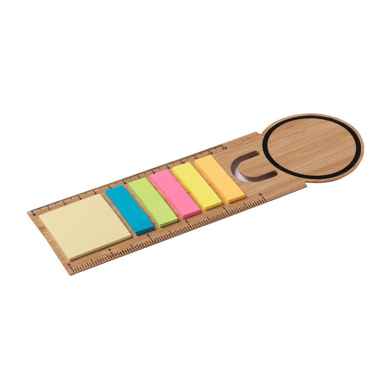 Regla de bambú para marcapáginas. Incluye 25 post-its medianos y 125 mini post-its