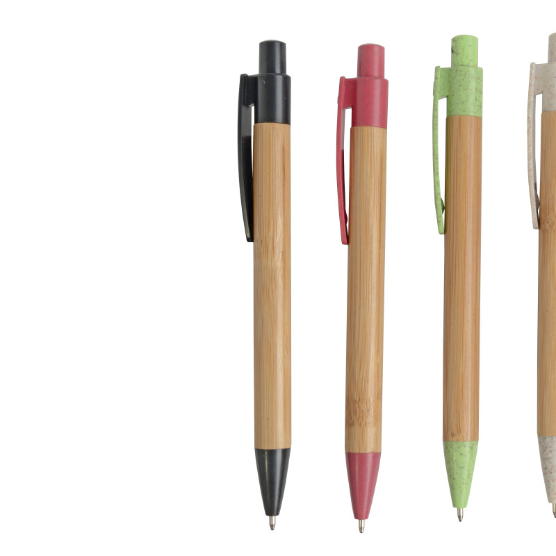 Push button ball pen with bamboo barrel and wheat-straw (50%) and PP (50%) fittings