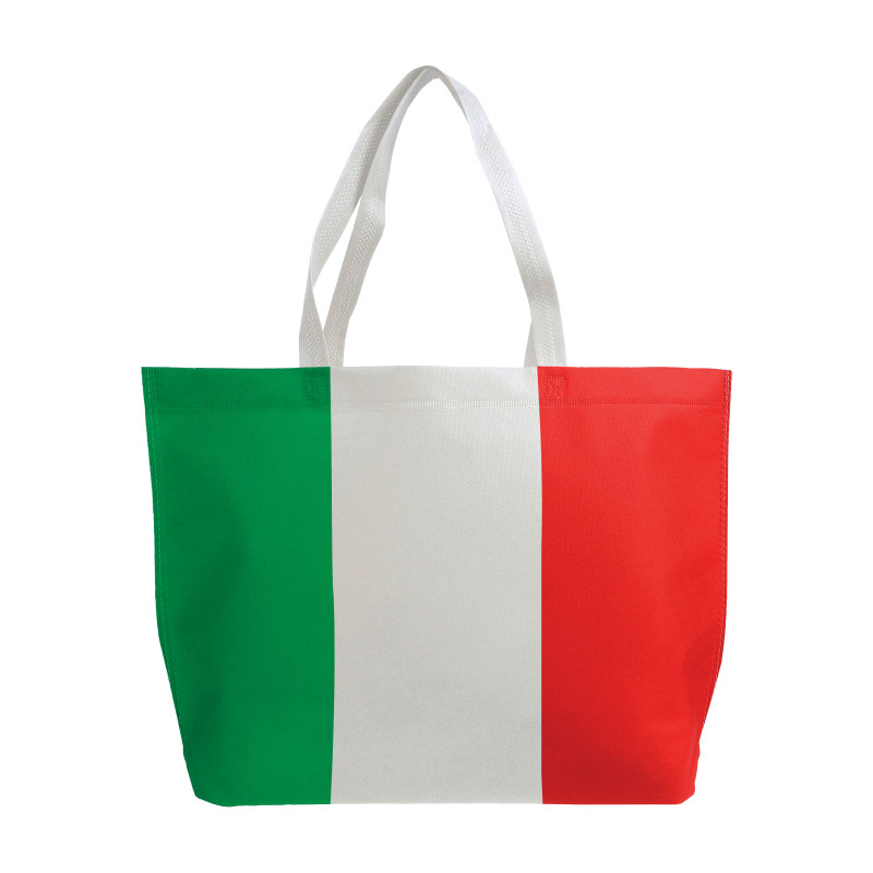 Bolso de compras termoplástico no tejido con refuerzos, asas largas con impresión tricolor