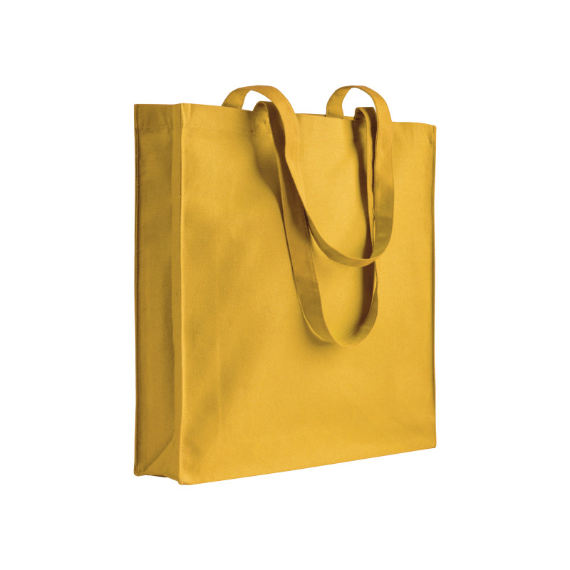 Bolsa de algodón con fuelle e asas largas.