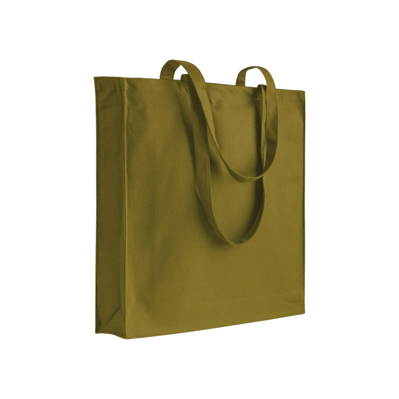 Bolsa de algodón con fuelle e asas largas.