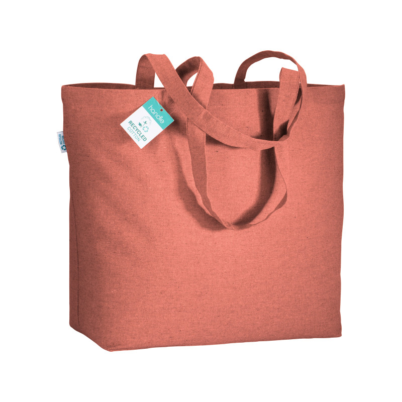 Bolsa de algodón reciclado 190 g/m2, asas largas y fuelle en la base.