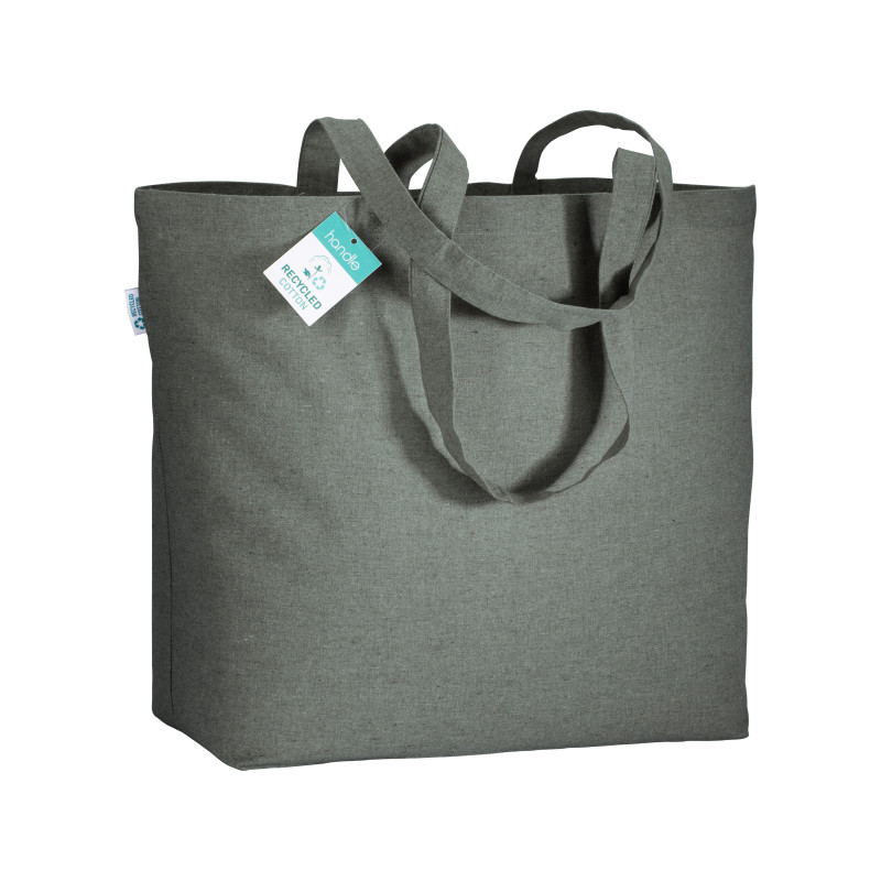Bolsa de algodón reciclado 190 g/m2, asas largas y fuelle en la base.