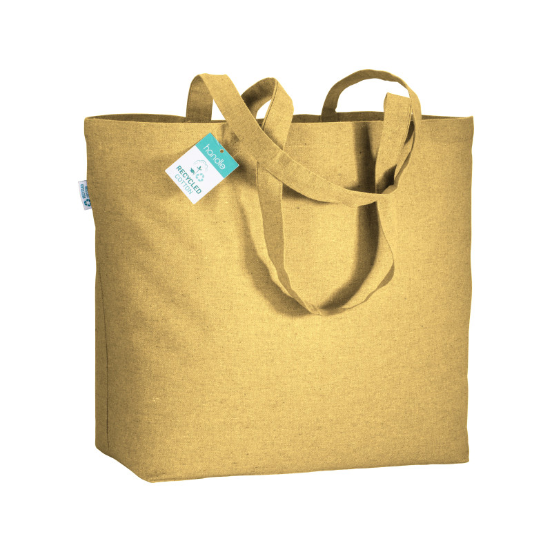 Bolsa de algodón reciclado 190 g/m2, asas largas y fuelle en la base.