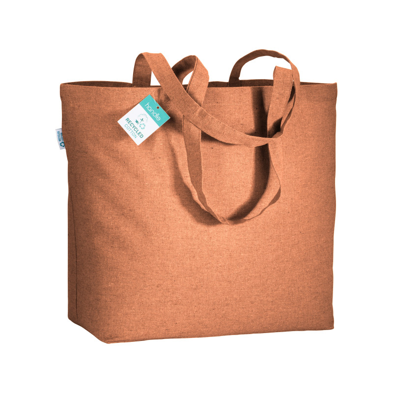 Bolsa de algodón reciclado 190 g/m2, asas largas y fuelle en la base.