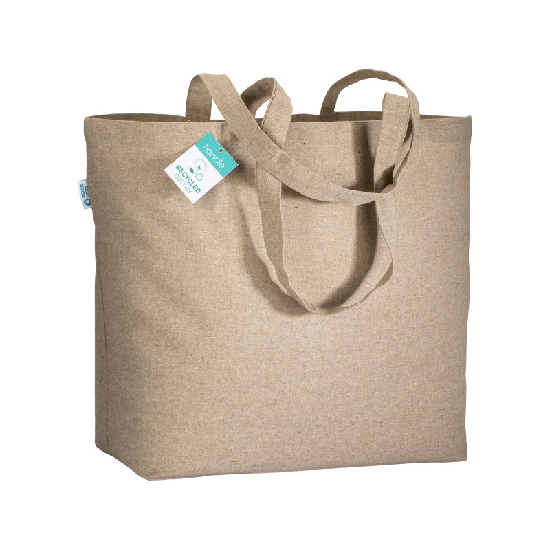 Bolsa de algodón reciclado 190 g/m2, asas largas y fuelle en la base.