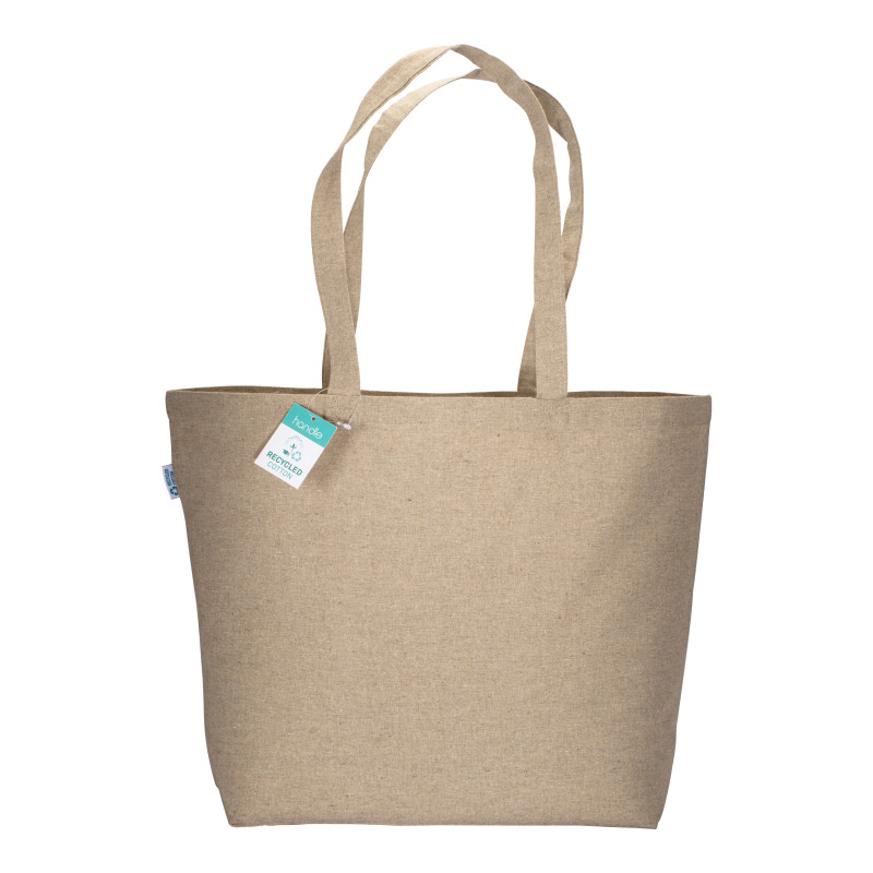 Bolsa de algodón reciclado 190 g/m2, asas largas y fuelle en la base.