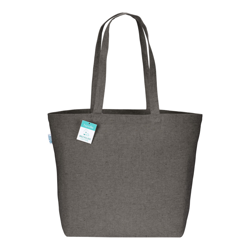 Bolsa en algodón reciclado 280 g/m2, asas largas y fuelle en la base.