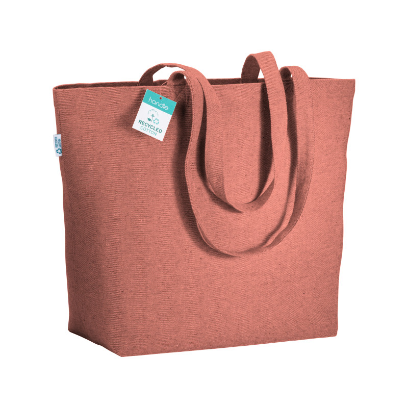 Bolsa en algodón reciclado 280 g/m2, asas largas y fuelle en la base.