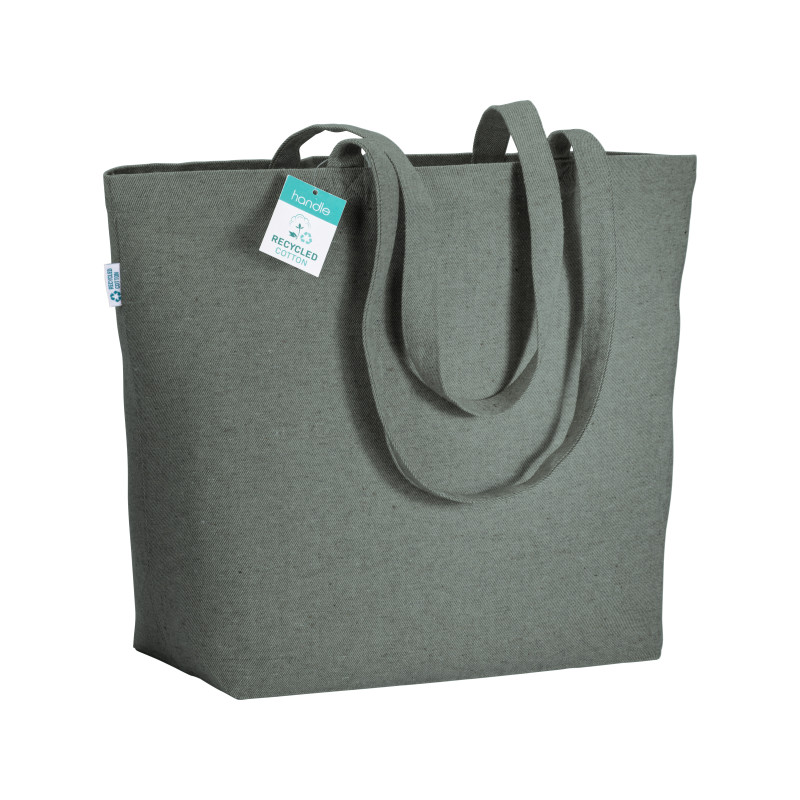 Bolsa en algodón reciclado 280 g/m2, asas largas y fuelle en la base.