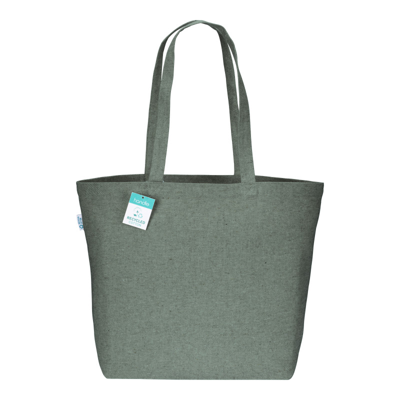Bolsa en algodón reciclado 280 g/m2, asas largas y fuelle en la base.