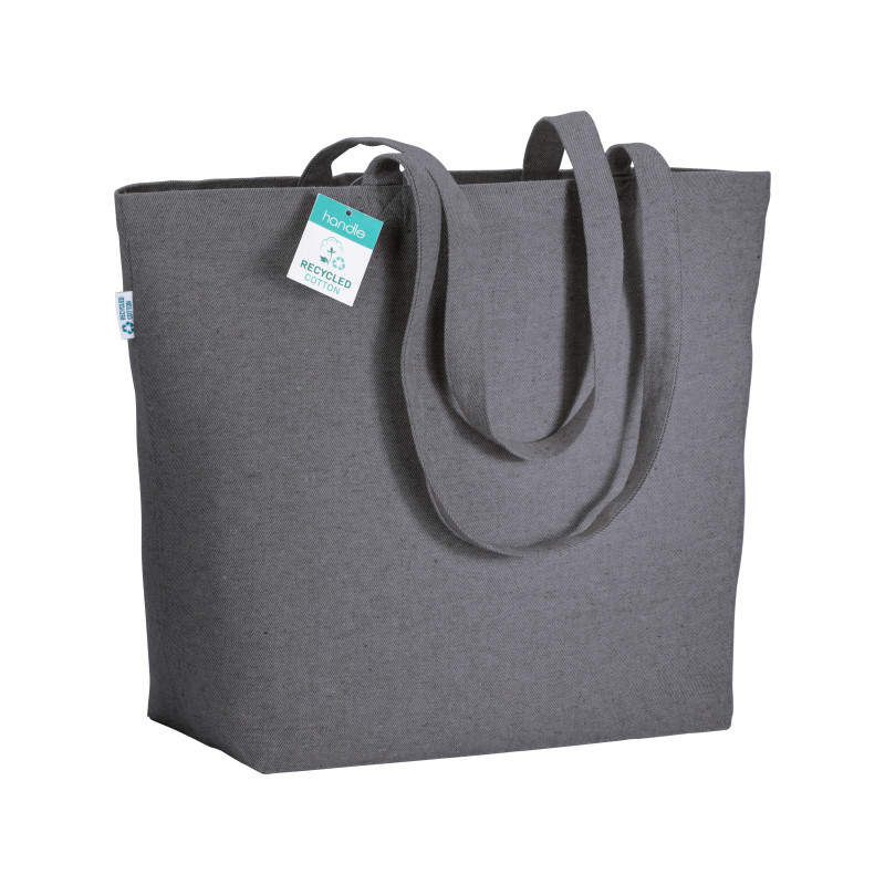Bolsa en algodón reciclado 280 g/m2, asas largas y fuelle en la base.