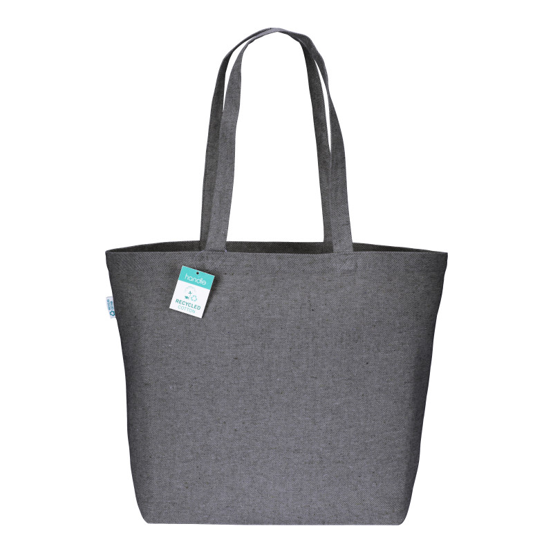 Bolsa en algodón reciclado 280 g/m2, asas largas y fuelle en la base.