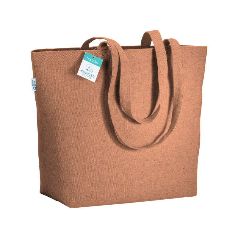 Bolsa en algodón reciclado 280 g/m2, asas largas y fuelle en la base.