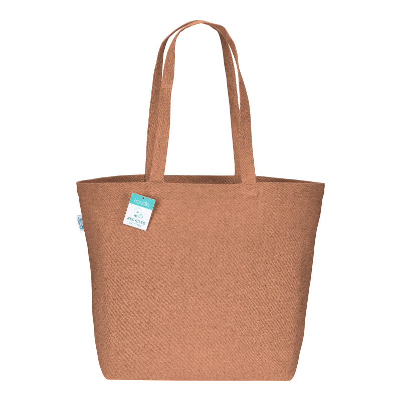 Bolsa en algodón reciclado 280 g/m2, asas largas y fuelle en la base.