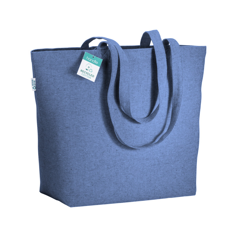 Bolsa en algodón reciclado 280 g/m2, asas largas y fuelle en la base.