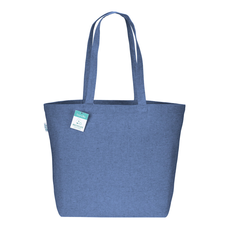 Bolsa en algodón reciclado 280 g/m2, asas largas y fuelle en la base.