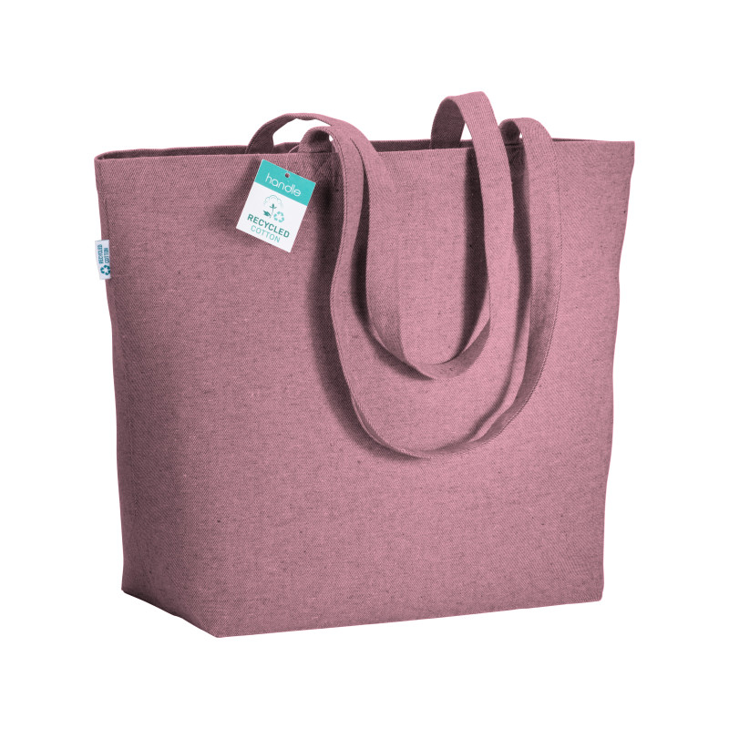 Bolsa en algodón reciclado 280 g/m2, asas largas y fuelle en la base.