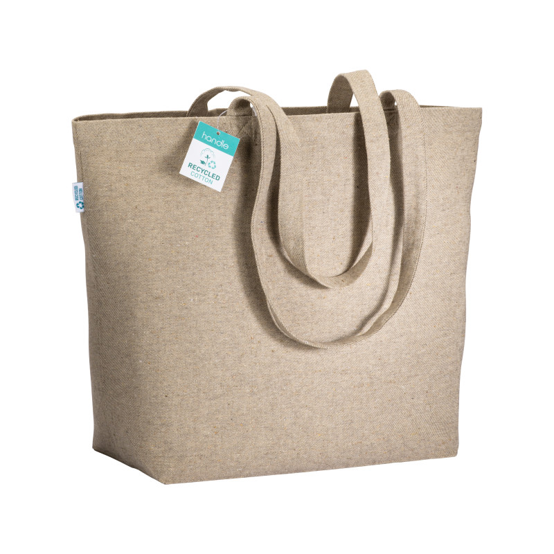 Bolsa en algodón reciclado 280 g/m2, asas largas y fuelle en la base.