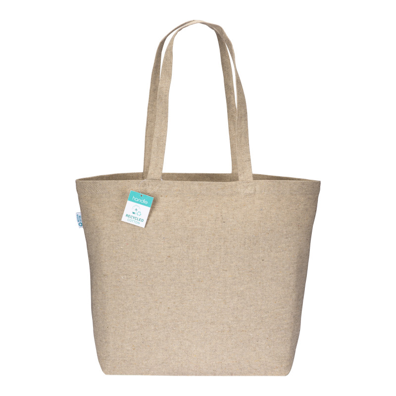 Bolsa en algodón reciclado 280 g/m2, asas largas y fuelle en la base.