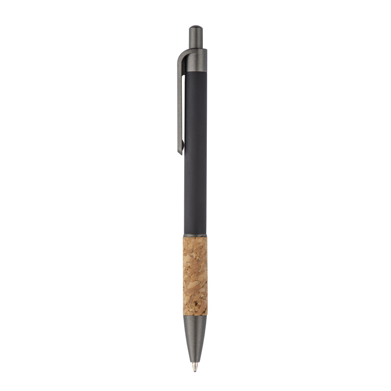 Bolígrafo a presión de aluminio engomado, mango de corcho, detalles bruñidos