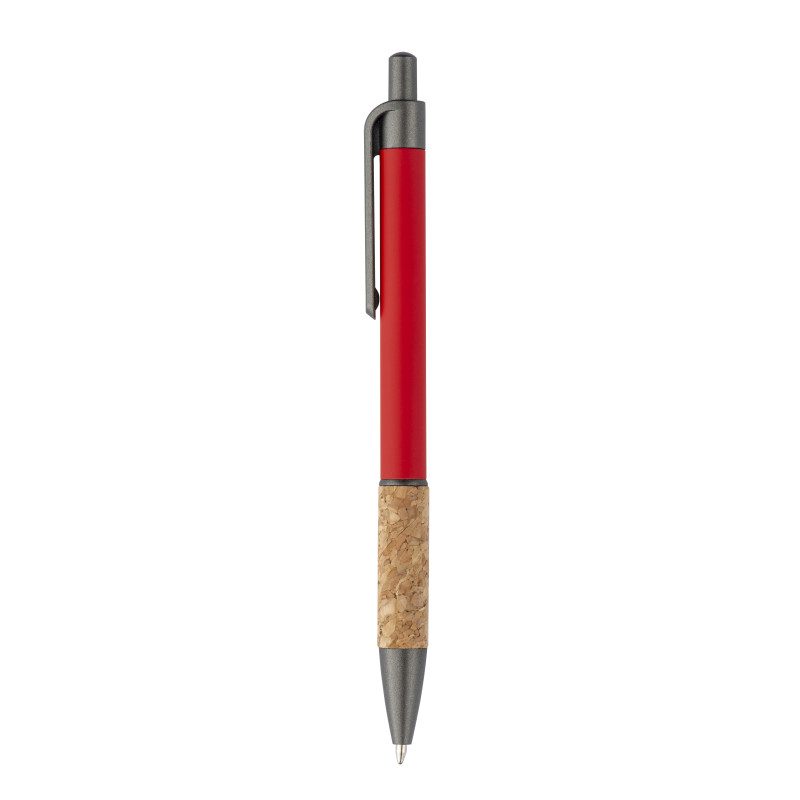 Bolígrafo a presión de aluminio engomado, mango de corcho, detalles bruñidos