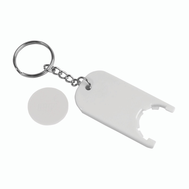 Llavero de plástico con ficha para el carro de compras.