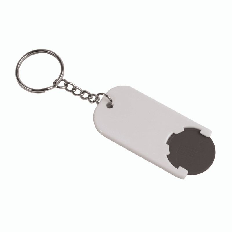 Llavero de plástico con ficha para el carro de compras.