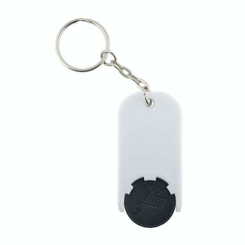 Llavero de plástico con ficha para el carro de compras.
