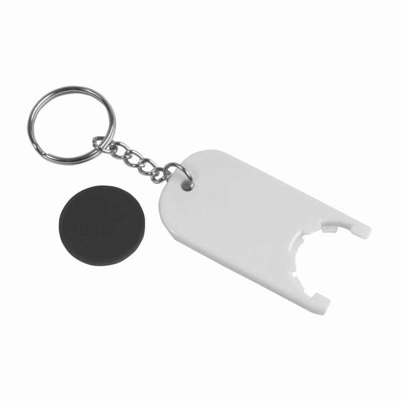 Llavero de plástico con ficha para el carro de compras.