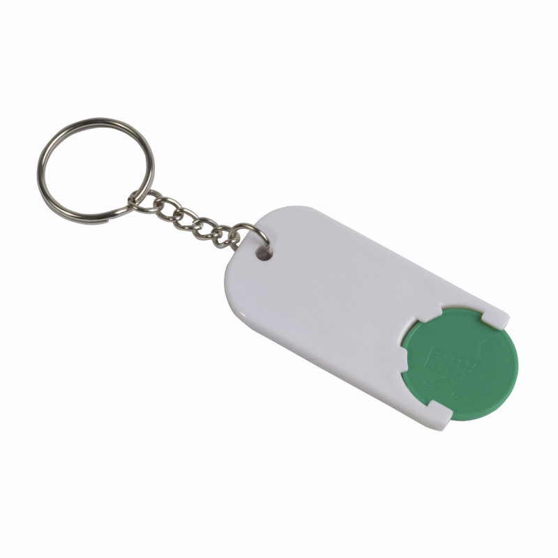 Llavero de plástico con ficha para el carro de compras.