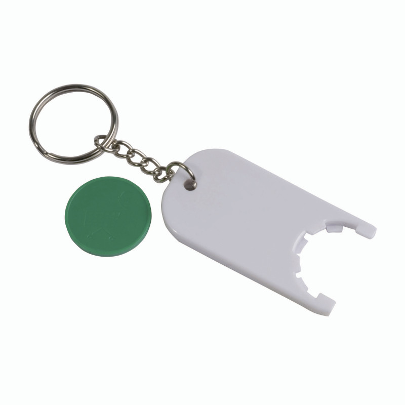 Llavero de plástico con ficha para el carro de compras.