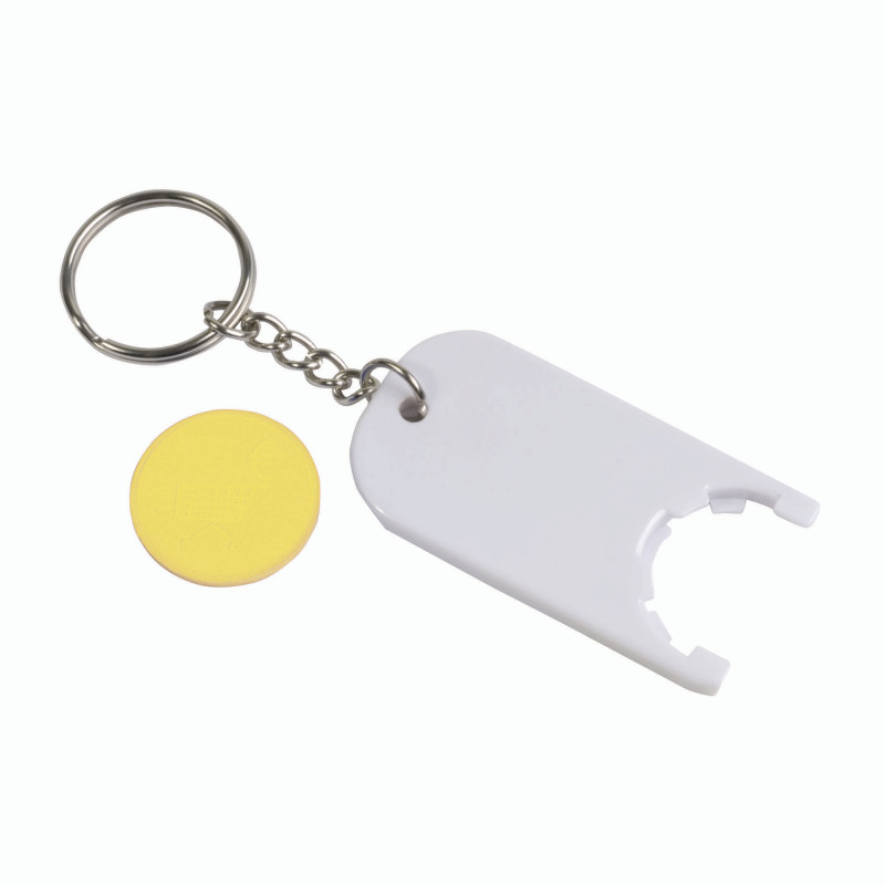 Llavero de plástico con ficha para el carro de compras.