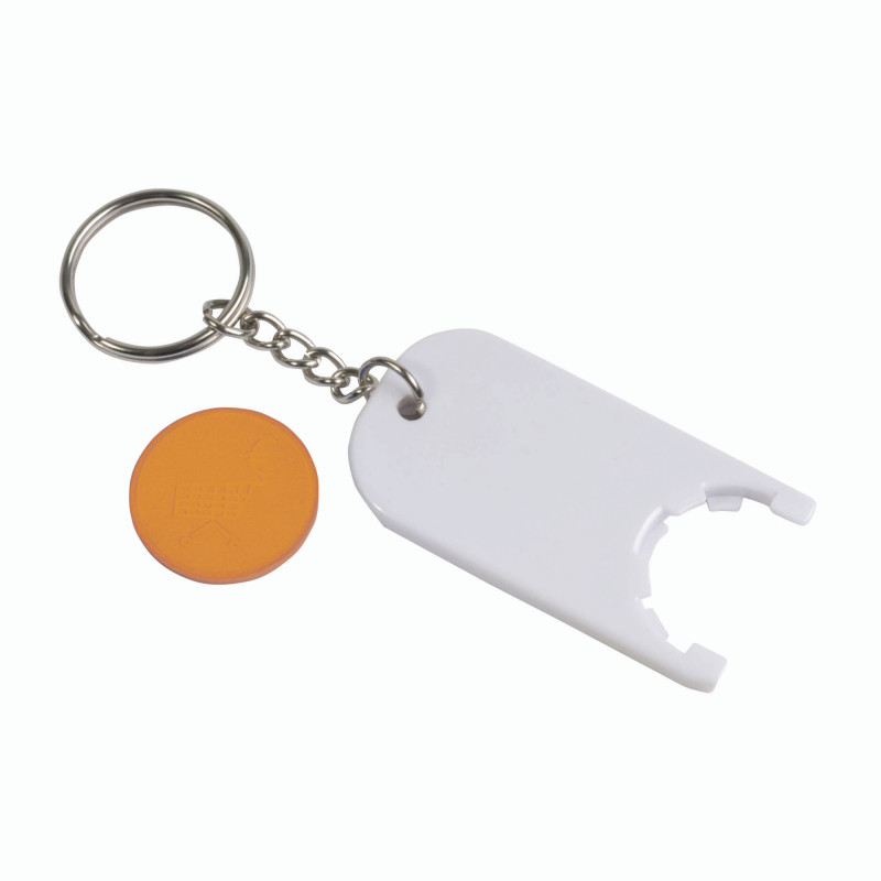 Llavero de plástico con ficha para el carro de compras.