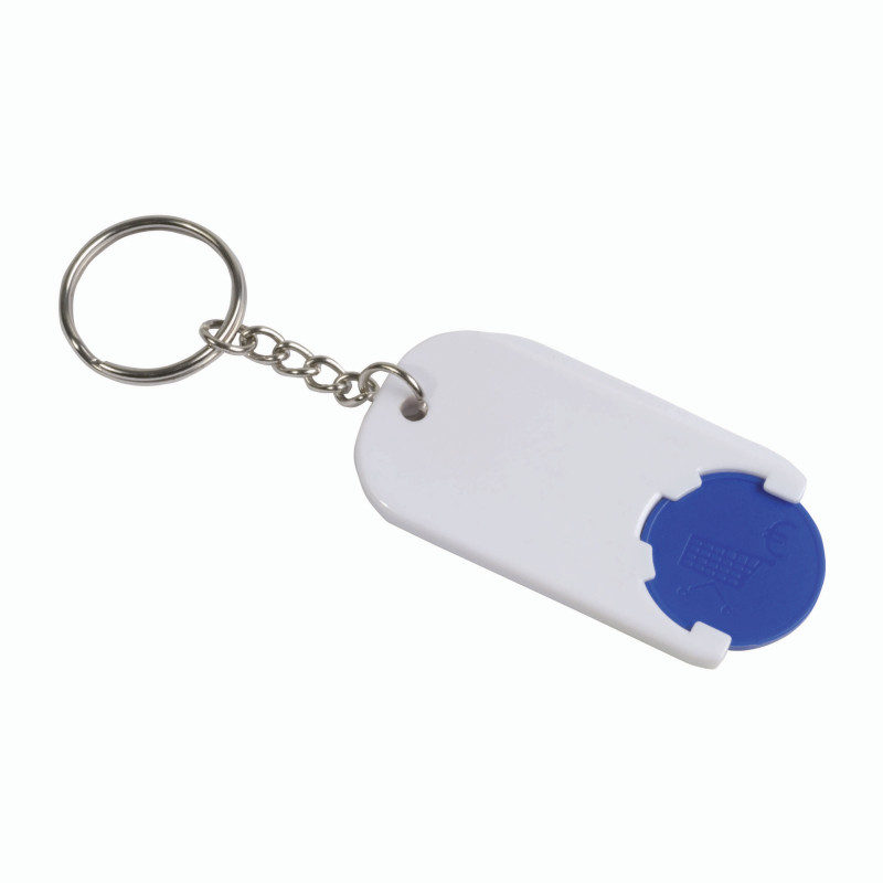 Llavero de plástico con ficha para el carro de compras.