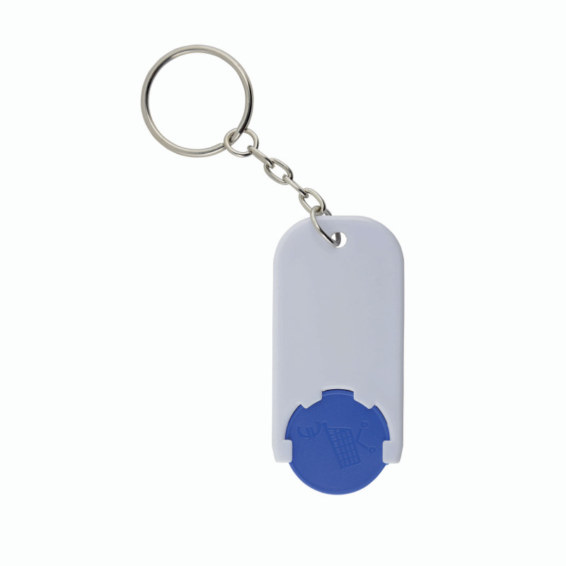 Llavero de plástico con ficha para el carro de compras.