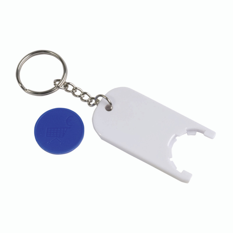 Llavero de plástico con ficha para el carro de compras.