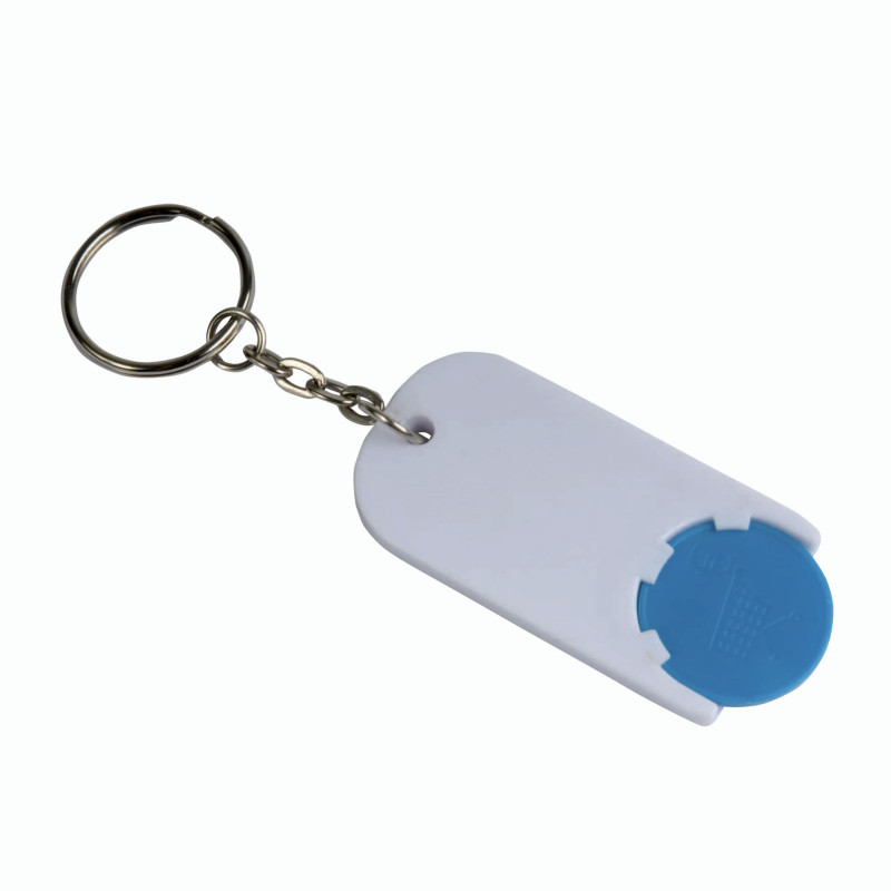 Llavero de plástico con ficha para el carro de compras.