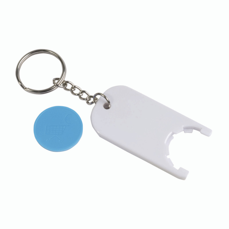 Llavero de plástico con ficha para el carro de compras.