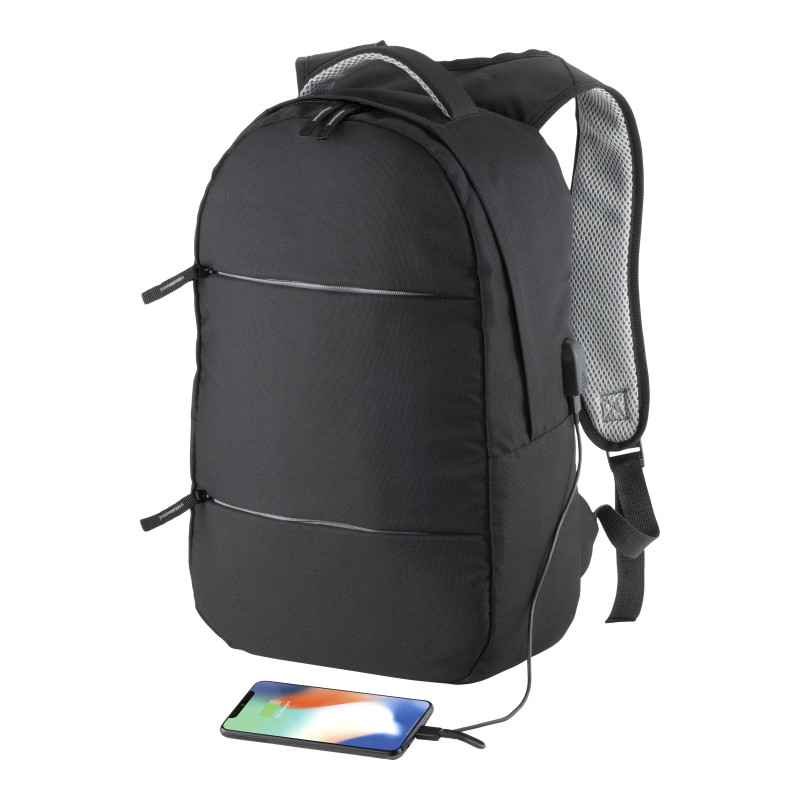 Mochila para ordenador de poliéster. Bolsillo principal para portátil y 3 bolsillos