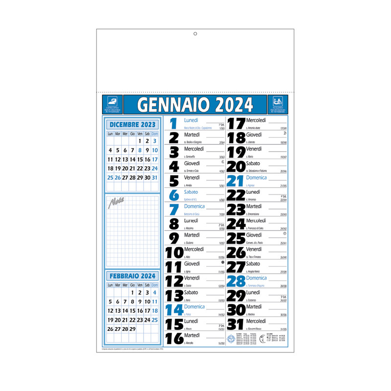 Calendario mensual de pared 2024, 12 hojas, en papel termosellado Textos en italiano