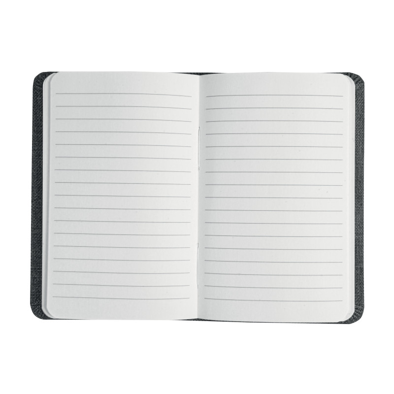 Cuaderno con funda R-Pet, con elásticos, hojas forradas en blanco, 80 páginas, 9X14 cm