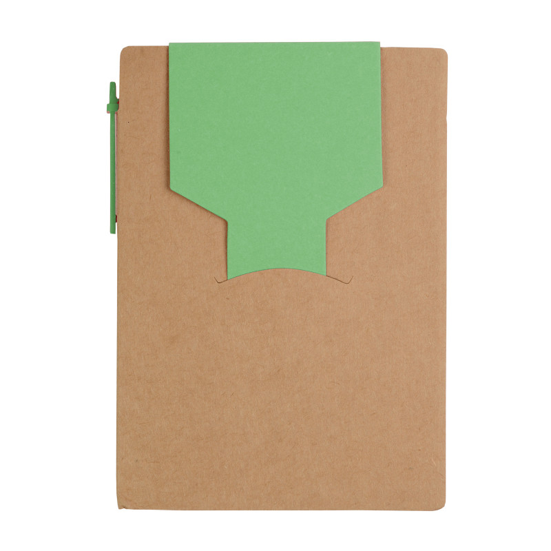 Bloqueo de papel reciclado, con bolìgrafo de papel y hojas adhesivas