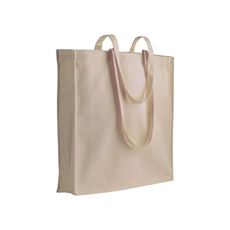 Bolsa de algodón con fuelle y asas largas.